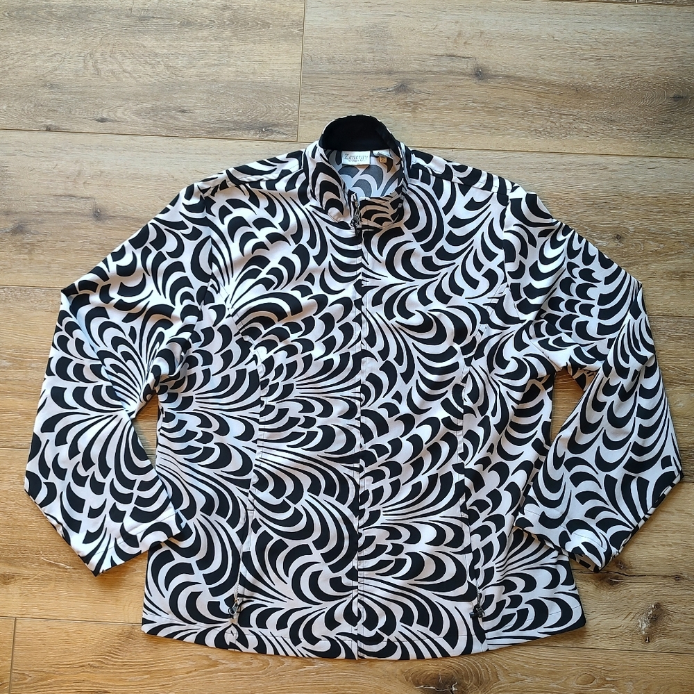 Chico's Zenergy Nema Jacket Black White Swirl Zip Up XL